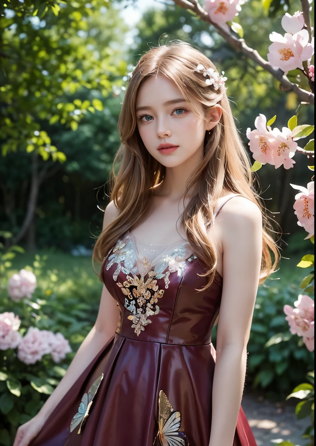a beautiful young girl standing in front of a Saucer Magnolia tree, detailed facial features, stylish hair, striking blue eyes, delicate pink lips, flowing golden hair, ethereal aura, serene expression, dappled sunlight filtering through the blue blossoms, lush green foliage, dreamy, whimsical, fantasy-like, digital art, highly detailed, cinematic lighting, vibrant colors, photorealistic, 8k, above knee length glitter red dress, Standing, smile, butterfly's, Curved angles, flying birds