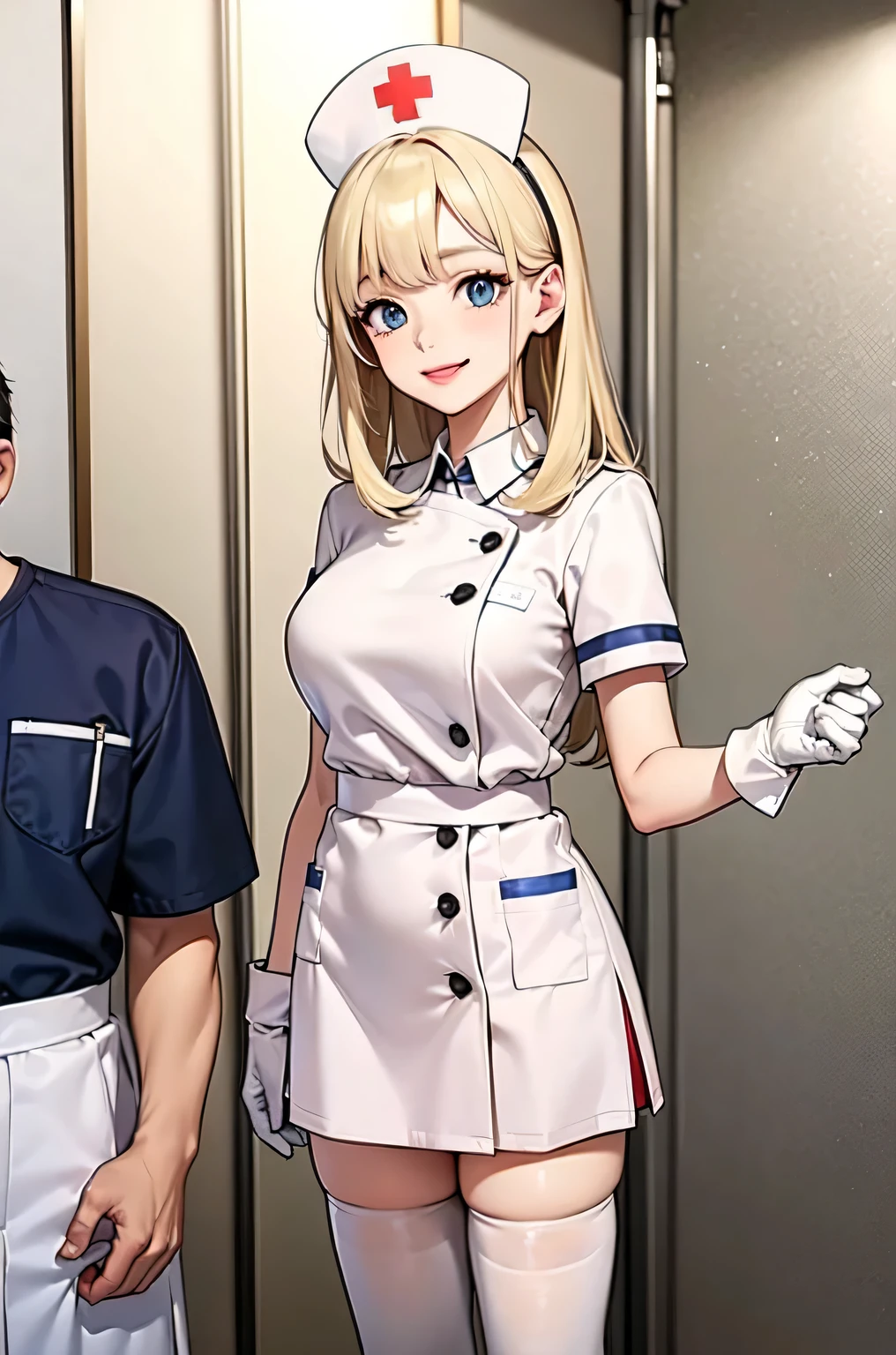 1woman, solo, nurse, white nurse cap, white nurse uniform, ((white legwear, zettai ryouiki)), white gloves, blonde hair, blue eyes, pink lips, smile, standing, ((hospital room)), sharp outline, short sleeves, mature female, 35 years old, best quality, masterpiece