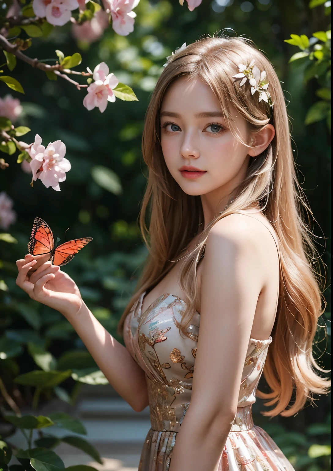 a beautiful young girl standing in front of a Saucer Magnolia tree, detailed facial features, stylish hair, striking blue eyes, delicate pink lips, flowing golden hair, ethereal aura, serene expression, dappled sunlight filtering through the blue blossoms, lush green foliage, dreamy, whimsical, fantasy-like, digital art, highly detailed, cinematic lighting, vibrant colors, photorealistic, 8k, above knee length glitter red dress, Standing, smile, butterfly's, Curved angles, flying birds