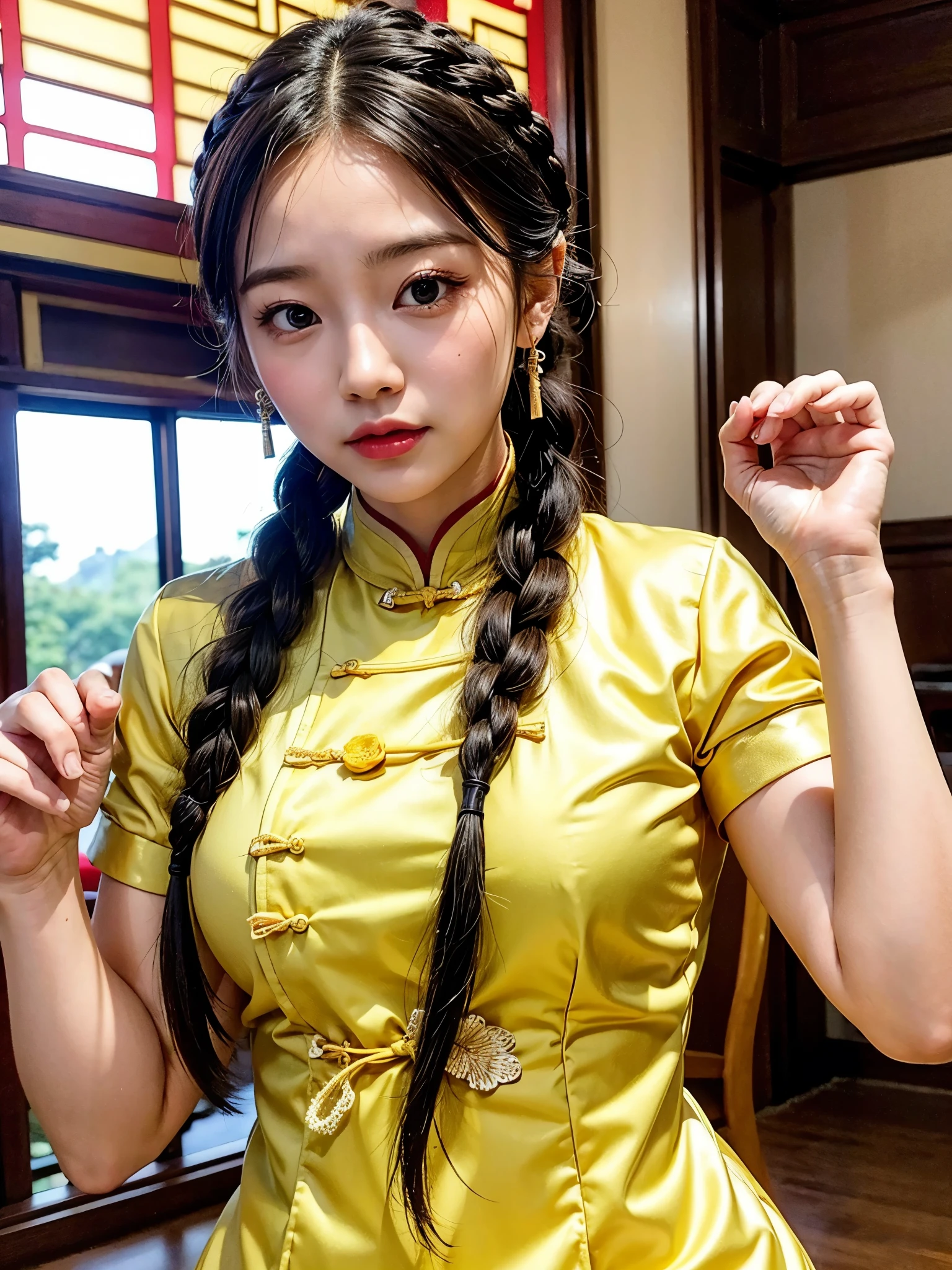 Best quality: 1.4, HD, fully lit, 1 female, big breasts, Qipao, yellow, braids, Chinese architecture