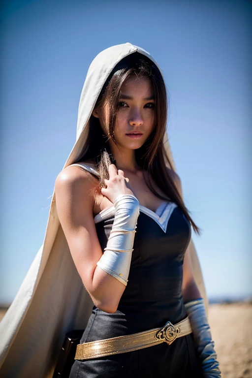 A full-body shot of Princess Zelda, brown hair, blue eyes, dressed as an Assassin from Assassins Creed, in white+gold witha white mask and hood with gold details, XL bust, using a wrist blade. Background: A city during the renaissance period. Unreal Engine 5, Anime, Anime style, Masterpiece, Well drawn eyes, well drawn face, well detailed eyes, well detailed face, 8k, light and shadow effect.