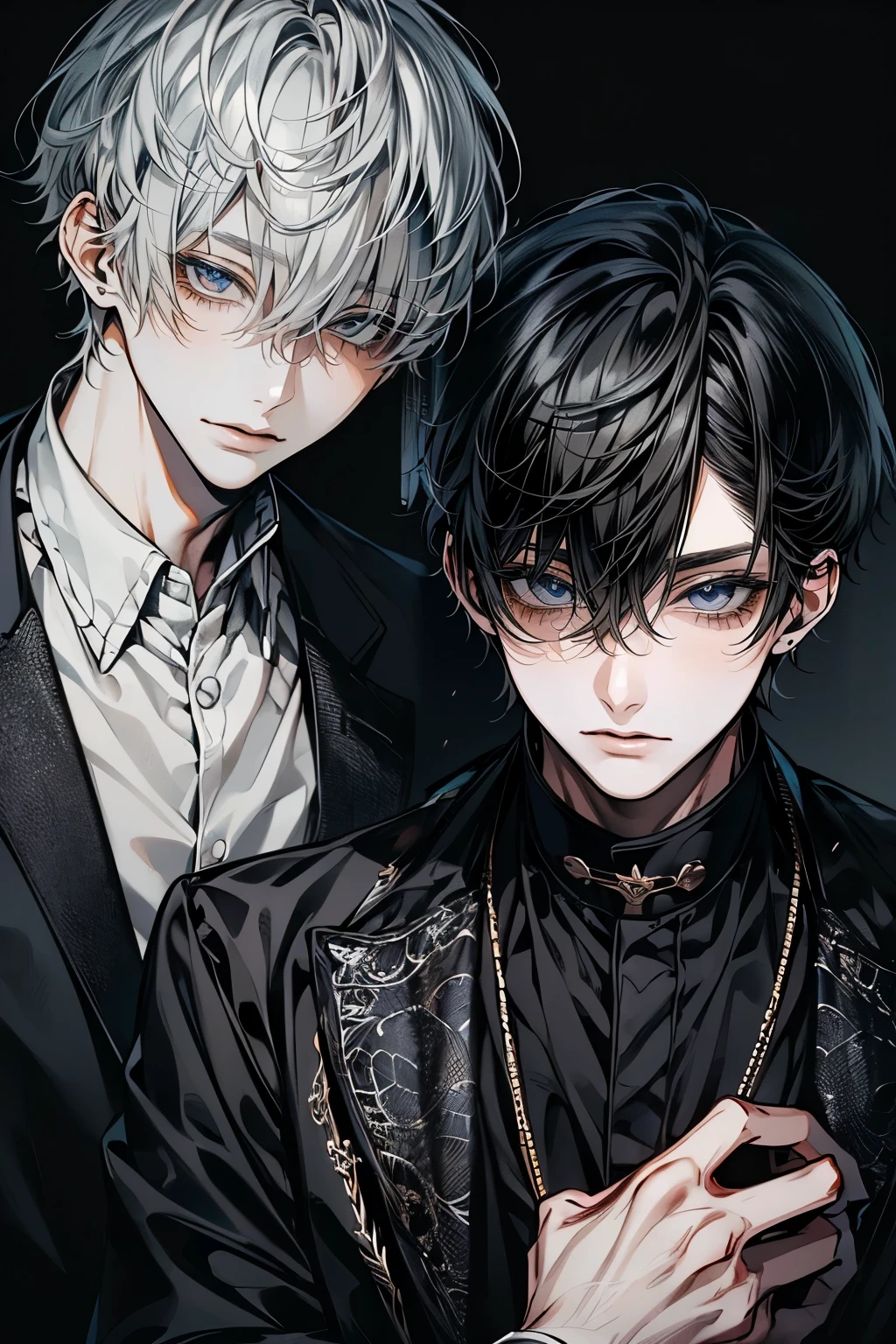 (Mastepiece), (Best Quality), Very detailed, ((Two friendly men:1.5)), Perfect Face, Beautiful Face, Very detailedな顔,(Black-haired man:1.3),(Grey-haired man:1.3)、