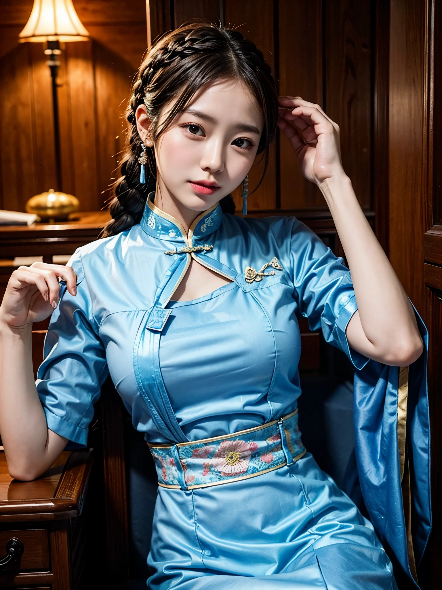 Best quality: 1.4, HD, fully lit, 1 female, big breasts, Qipao, blue, braids, Chinese architecture