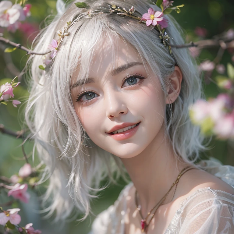 (masterpiece:1.3), (8k, Realistic, RAW Photos, Best image quality: 1.4), Fair-skinned fairy woman、short hair、Cleavage:2.0、Highly detailed face、Attention to detail、double eyelid、Sharp focus:1.2、Beautiful woman:1.4、Silvery white hair、highest quality、masterpiece、Ultra-high resolution、(Realistic:1.4)、Highly detailed and professionally lit smiles、Loose, Light,Japanese high 、 one person、whole body,　I eat breakfast 