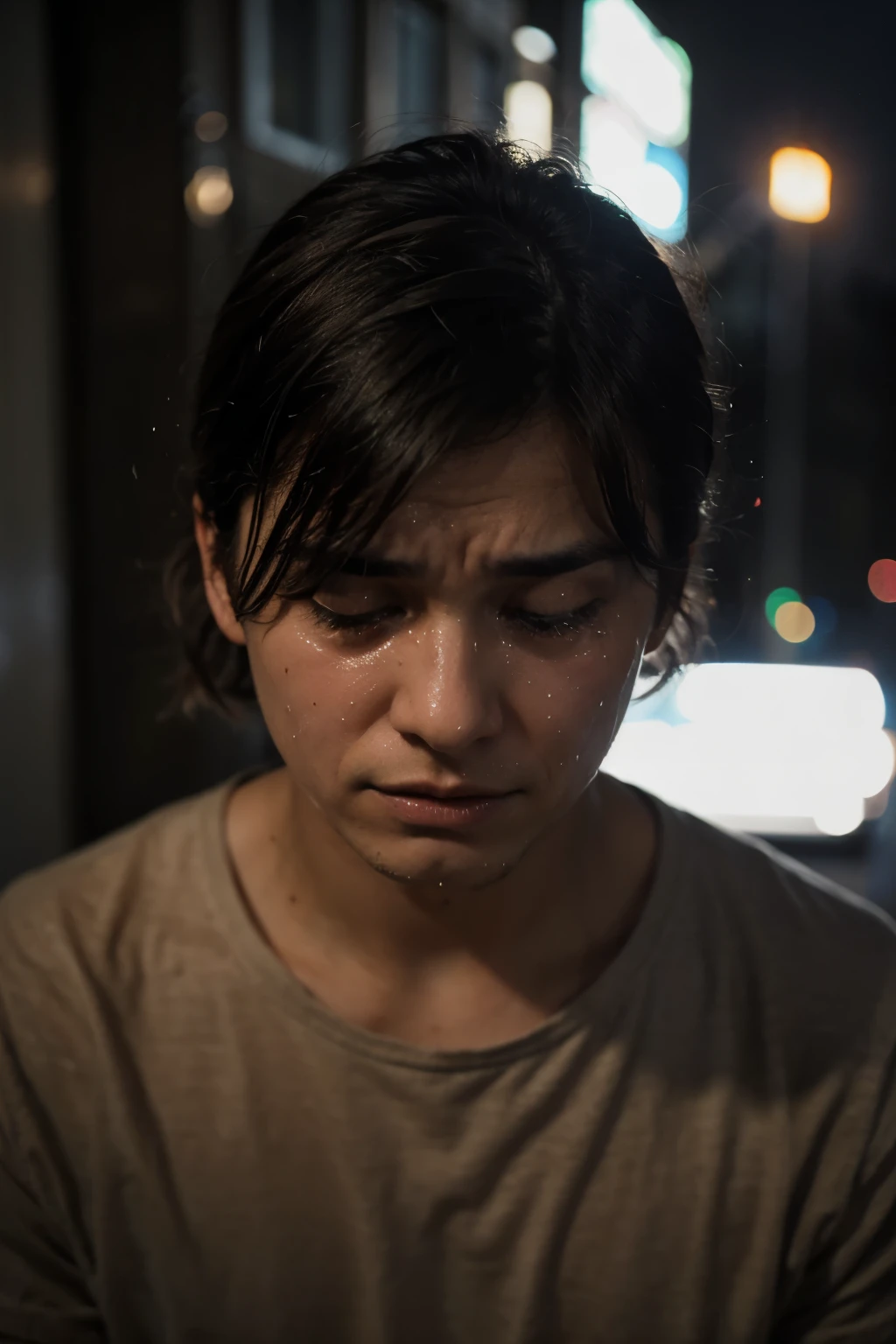 Sad man picture at the night an his crying very much the picture must black