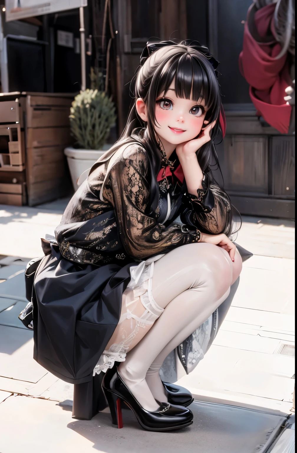 a cute girl smiling, wearing a white lace cloth shirt, red skirt, tights, high heels pumps, hairbow,