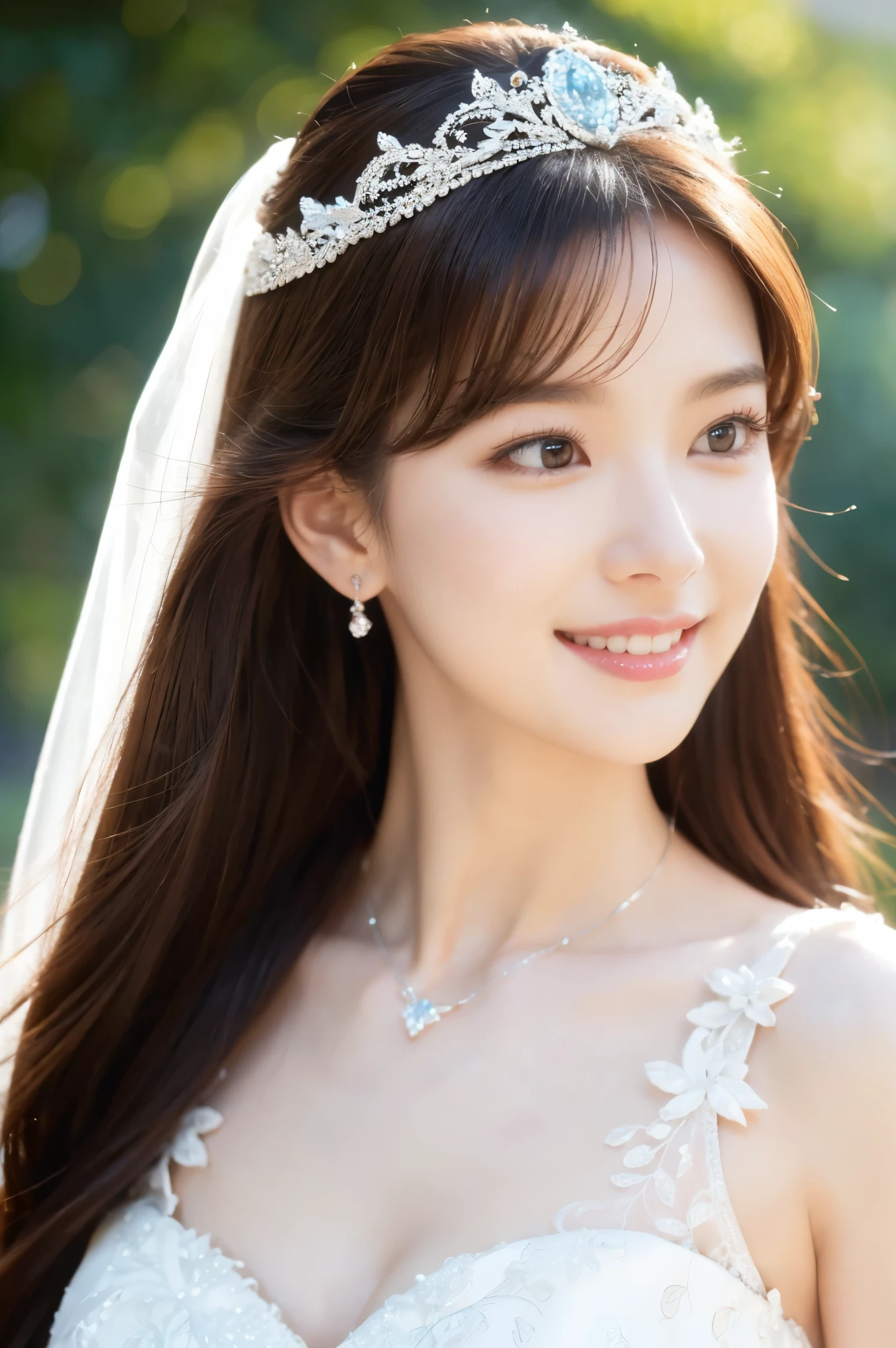 (highest quality、Tabletop、8k、Best image quality、Award-winning works)、One beautiful bride、(alone:1.1)、(The most extravagant and gorgeous huge wedding dresses:1.1)、(Perfect Wedding Lace:1.2)、(The most extravagant and luxurious giant tiara:1.1)、(The most extravagant and luxurious giant necklace:1.1)、The most beautiful smile is looking at me、A wide selection of the finest jewellery、(Bridal upper body photo:1.1)、Perfect Makeup、Long eyelashes、Ultra HD Shining Eyes、Ultra HD Hair、Ultra High Resolution Glossy Lips、Ultra High Resolution Perfect Teeth、Super high resolution beautiful face、(Accurate anatomy:1.1)、(Very bright and beautiful skin:1.2)、(very bright and vivid:1.2)、(Blurred fresh natural background:1.1)