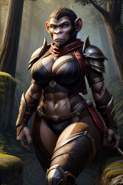attractive ape woman, chimpanzee warrior, armor, midriff, huge hips, cleavage, scarf, blue eyes, spear, scars, forest