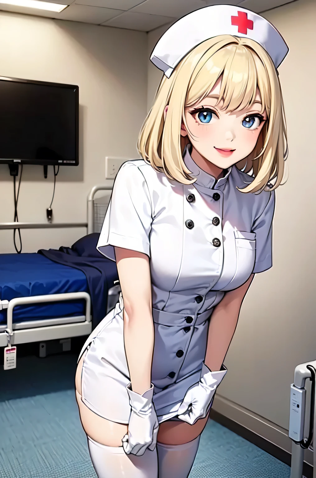 1woman, solo, nurse, white nurse cap, white nurse uniform, ((white legwear, zettai ryouiki)), white gloves, blonde hair, blue eyes, pink lips, smile, standing, ((hospital room)), sharp outline, short sleeves, mature female, 35 years old, best quality, masterpiece