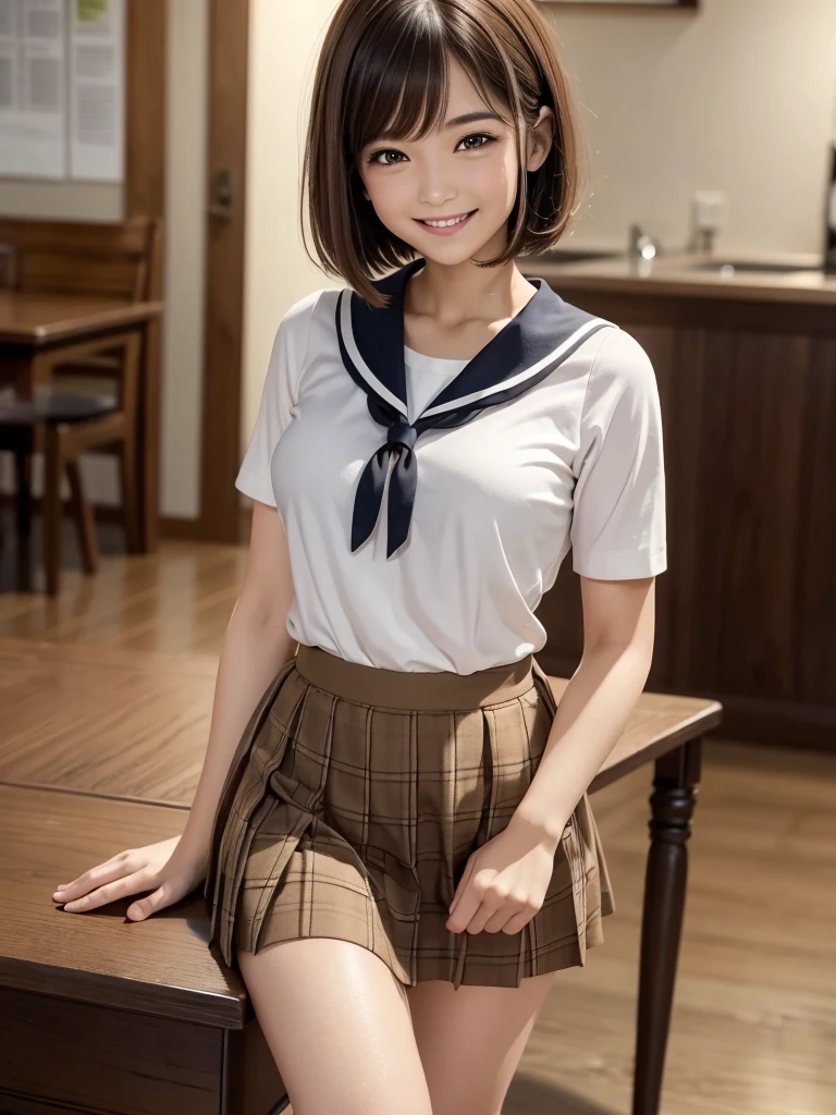 (highest quality, 4k, 8K, High resolution, Tabletop:1.2), Full Body Shot. Super detailed, Realistic:1.37, Light brown hair, Short Bob Hair, Asymmetrical bangs, Mature Woman, high school girl, Sailor suit, Green and brown checkered micro mini pleated skirt, Super super slender body, Shy and cute face, A very happy smile