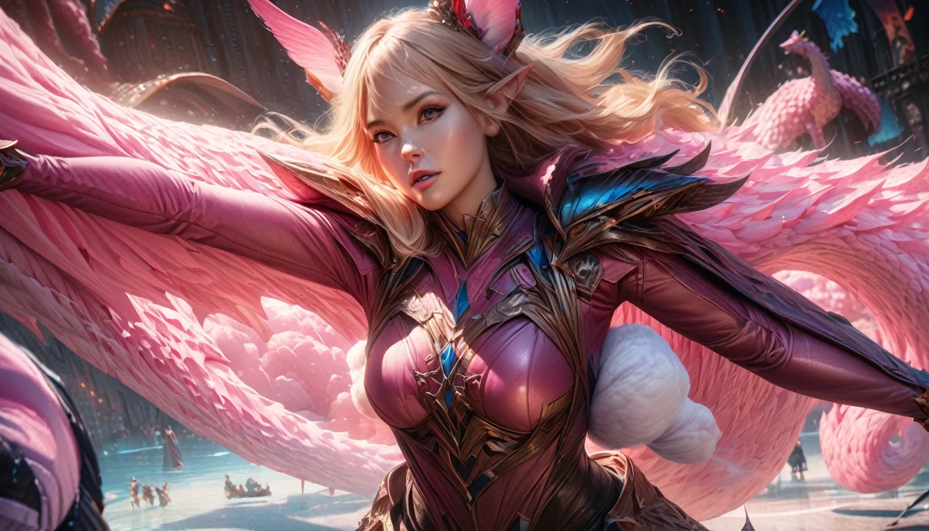 (Cryptic Force)(Extreme complexity, two subjects)(subject 1: cryptic girl, blonde, high tech suit) (subject 2: elf companion, high fantasy regal outfit, very big eyes and ears) battling a (cotton candy pink) dragon, blue prairie, ethereal, fantasy, magical realism, highly detailed, 8k, cinematic lighting, vibrant colors, dramatic composition, intricate details, imaginative, cinematic perspective, surreal, dreamlike, whimsical, beautiful, magical, (best quality,4k,8k,highres,masterpiece:1.2),ultra-detailed,(realistic,photorealistic,photo-realistic:1.37)
