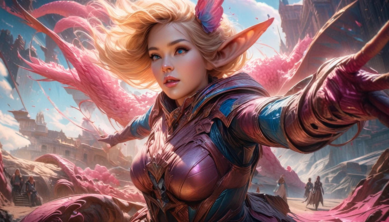 (Cryptic Force)(Extreme complexity, two subjects)(subject 1: cryptic girl, blonde, high tech suit) (subject 2: elf companion, high fantasy regal outfit, very big eyes and ears) battling a (cotton candy pink) dragon, blue prairie, ethereal, fantasy, magical realism, highly detailed, 8k, cinematic lighting, vibrant colors, dramatic composition, intricate details, imaginative, cinematic perspective, surreal, dreamlike, whimsical, beautiful, magical, (best quality,4k,8k,highres,masterpiece:1.2),ultra-detailed,(realistic,photorealistic,photo-realistic:1.37)
