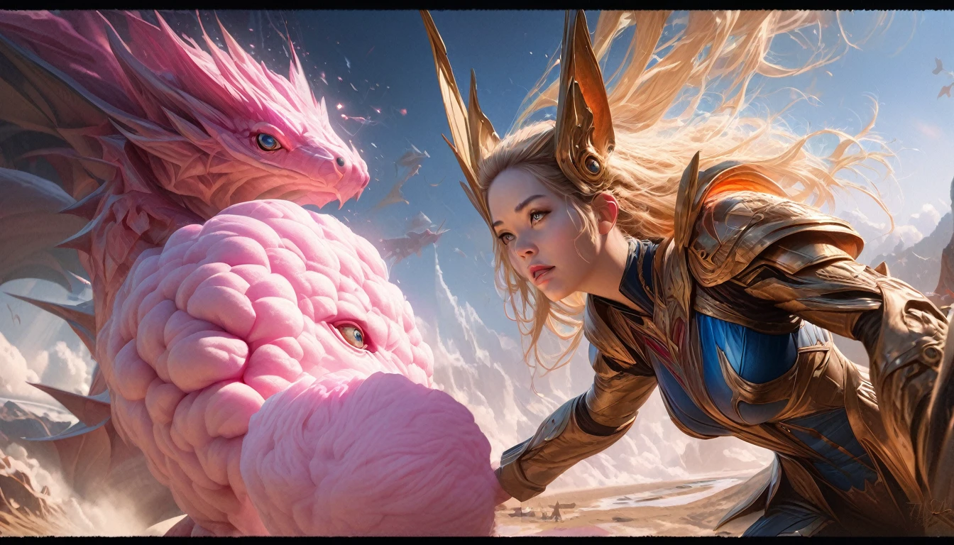 (Cryptic Force)(Extreme complexity, two subjects)(subject 1: cryptic girl, blonde, high tech suit) (subject 2: elf companion, high fantasy regal outfit, very big eyes and ears) battling a (cotton candy pink) dragon, blue prairie, ethereal, fantasy, magical realism, highly detailed, 8k, cinematic lighting, vibrant colors, dramatic composition, intricate details, imaginative, cinematic perspective, surreal, dreamlike, whimsical, beautiful, magical, (best quality,4k,8k,highres,masterpiece:1.2),ultra-detailed,(realistic,photorealistic,photo-realistic:1.37)

