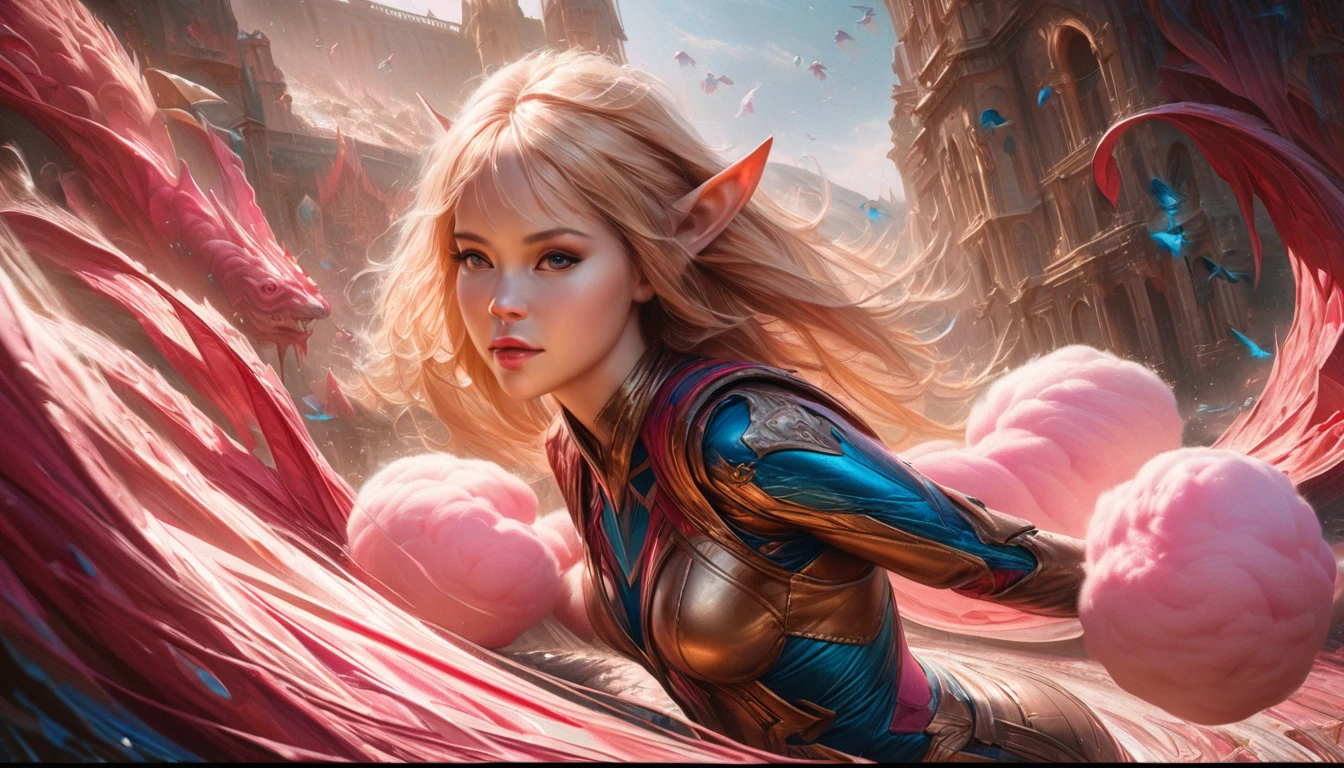 (Cryptic Force)(Extreme complexity, two subjects)(subject 1: cryptic girl, blonde, high tech suit) (subject 2: elf companion, high fantasy regal outfit, very big eyes and ears) battling a (cotton candy pink) dragon, blue prairie, ethereal, fantasy, magical realism, highly detailed, 8k, cinematic lighting, vibrant colors, dramatic composition, intricate details, imaginative, cinematic perspective, surreal, dreamlike, whimsical, beautiful, magical, (best quality,4k,8k,highres,masterpiece:1.2),ultra-detailed,(realistic,photorealistic,photo-realistic:1.37)
