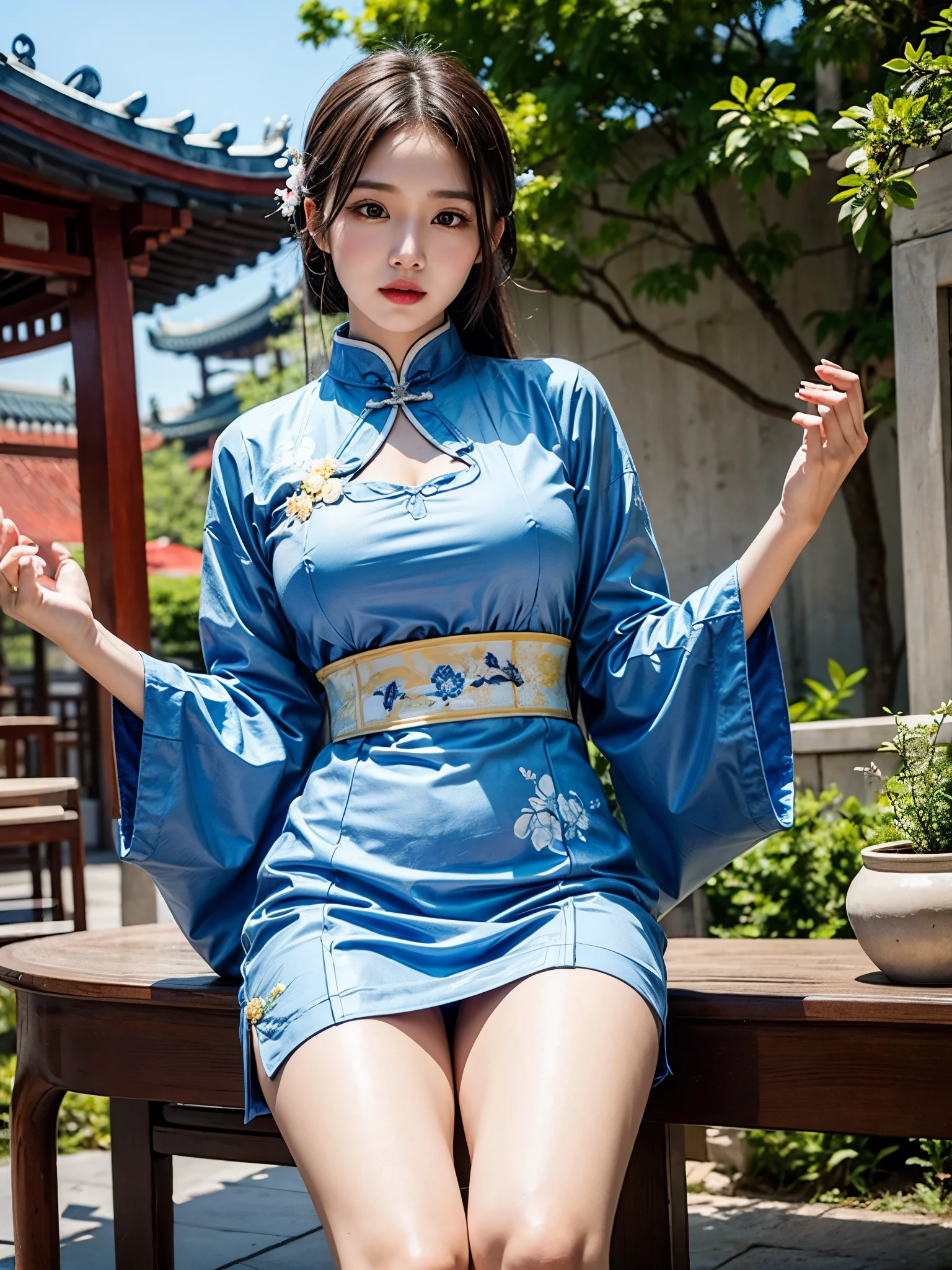 Best quality: 1.4, HD, fully lit, 1 female, big breasts, Qipao, blue, Chinese architecture