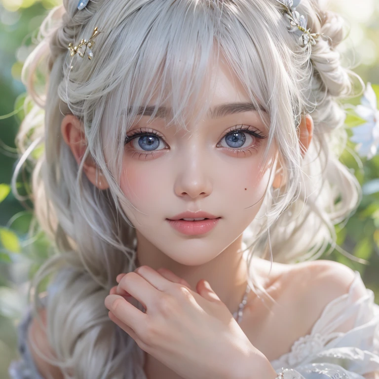 (masterpiece:1.3), (8k, Realistic, RAW Photos, Best image quality: 1.4), Fair-skinned fairy woman、short hair、Cleavage:2.0、Highly detailed face、Attention to detail、double eyelid、Sharp focus:1.2、Beautiful woman:1.4、Silvery white hair、highest quality、masterpiece、Ultra-high resolution、(Realistic:1.4)、Highly detailed and professionally lit smiles、Loose, Light,Japanese high 、 one person、whole body, I eat breakfast