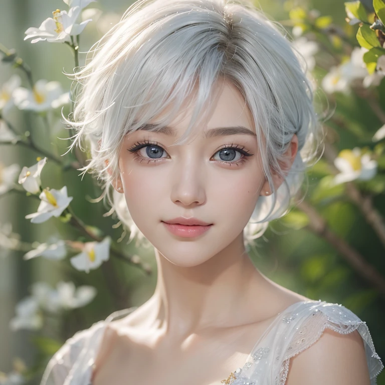 (masterpiece:1.3), (8k, Realistic, RAW Photos, Best image quality: 1.4), Fair-skinned fairy woman、short hair、Cleavage:2.0、Highly detailed face、Attention to detail、double eyelid、Sharp focus:1.2、Beautiful woman:1.4、Silvery white hair、highest quality、masterpiece、Ultra-high resolution、(Realistic:1.4)、Highly detailed and professionally lit smiles、Loose, Light,Japanese high 、 one person、whole body,　I eat breakfast 
