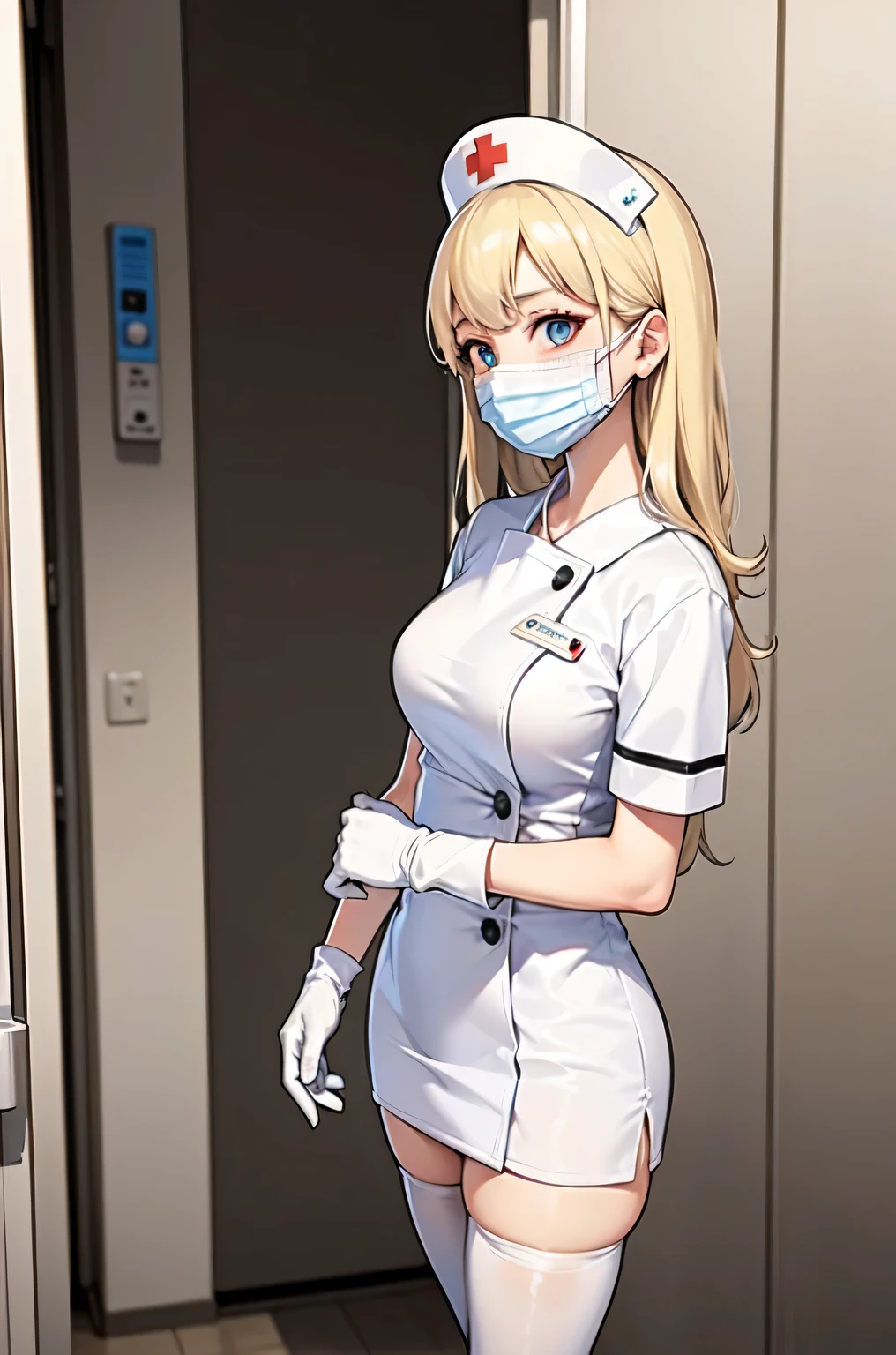 1woman, solo, nurse, white nurse cap, white nurse uniform, ((white legwear, zettai ryouiki)), white gloves, blonde hair, blue eyes, ((white surgical mask, covered nose)), standing, ((hospital room)), sharp outline, short sleeves, mature female, 35 years old, best quality, masterpiece