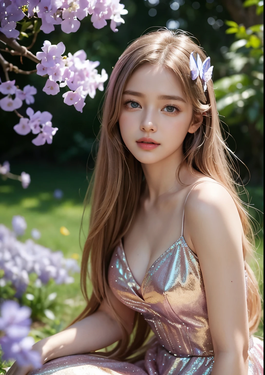 a beautiful young girl sitting in front of a blue jacaranda tree, detailed facial features, stylish hair, striking blue eyes, delicate pink lips, flowing golden hair, ethereal aura, serene expression, dappled sunlight filtering through the blue blossoms, lush green foliage, dreamy, whimsical, fantasy-like, digital art, highly detailed, cinematic lighting, vibrant colors, photorealistic, 8k, above knee length glitter pink dress, laydown, smile, butterfly's