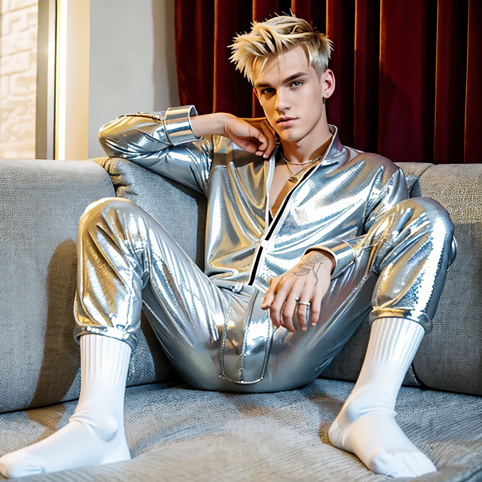 full view full body, blond -agery Aaron Carter with clean undercut haircut, silver rings, wearing shiny orange rubber suit and white 'Heron Preston' socks, lying on couch in his luxurious living-room of his manor