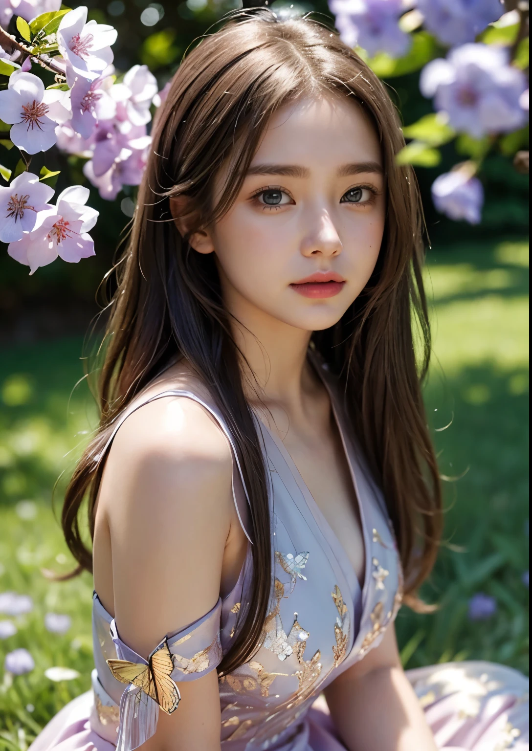 a beautiful young girl sitting in front of a blue jacaranda tree, detailed facial features, stylish hair, striking blue eyes, delicate pink lips, flowing golden hair, ethereal aura, serene expression, dappled sunlight filtering through the blue blossoms, lush green foliage, dreamy, whimsical, fantasy-like, digital art, highly detailed, cinematic lighting, vibrant colors, photorealistic, 8k, above knee length glitter pink dress, laydown, smile, butterfly's