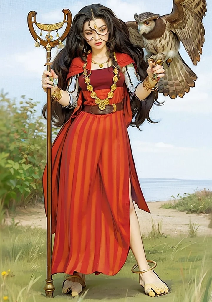A Tunisian mythical woman, wears a red dress, has one human leg and one goat leg, has an owl on her left hand, holding a rod with her right hand, has long black hair, has Berber tattoos