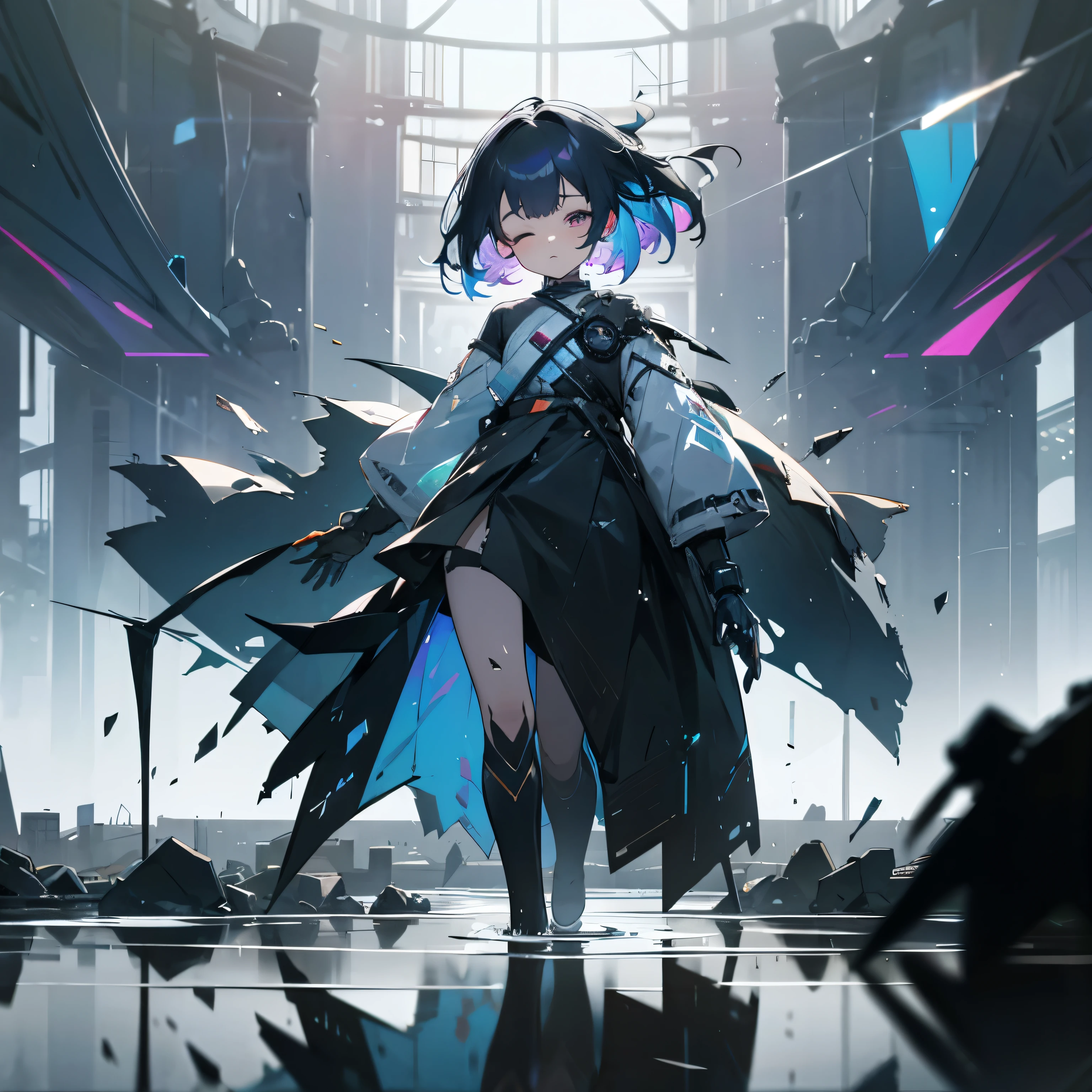 robot girl, broken robot, walking motion, tears, one eye closed, Iridescence and rainbow eyes, torn clothes, Ruins of beautiful details, Detail background, reflective water surface, Smooth reflection,