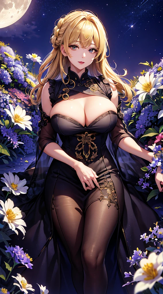 masterpiece, high quality, 4K, Beautiful design, silhouette,blonde, 非常に詳細な夜のStarry Sky,Flower Field, wonderful, Finer details, Very knowledgeable woman, Highly detailed solo, 1 female,Big Breasts, dress,Night view,Starry Sky,full moon,