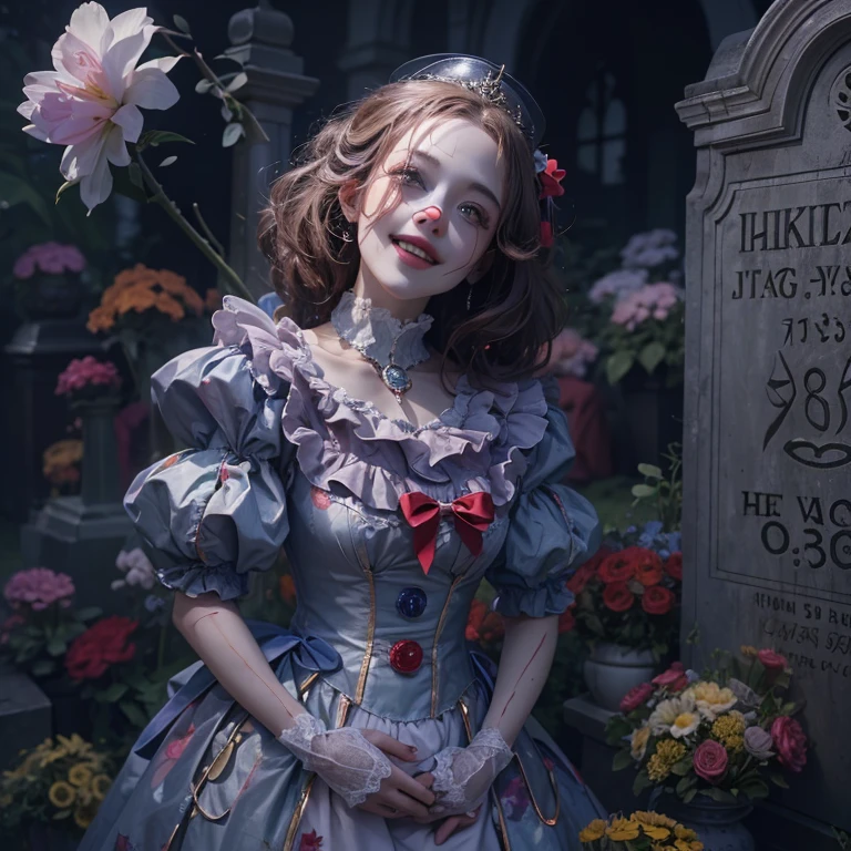 Standing in the grave、Hair flow、 ((highest quality、masterpiece、8k、Best image quality、Ultra-high resolution、Award-winning works)、(Accurate anatomy:1.1)、(Look at me and smile:1.1)、Shining fair skin with Ultra-high resolution、The most detailed face、Ultra-high resolution detailed face、Ultra-high resolutionの髪の毛、(Ultra-high resolution eye:1.1)、Beautiful face drawn in every detail、Cheerful clown costume, Chest to chest, Strange atmosphere, Ghosts flow, Dark Light, At the Cemetery