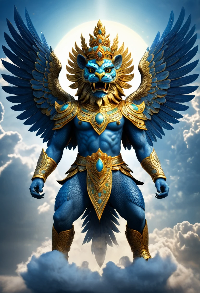 A blue Garuda, a mythical creature with the head and wings of an eagle and the body of a lion, is standing on a cloud. The Garuda is wearing a golden crown and has a fierce expression on its face. It is surrounded by a glowing aura. The image is in the style of a traditional Balinese painting.