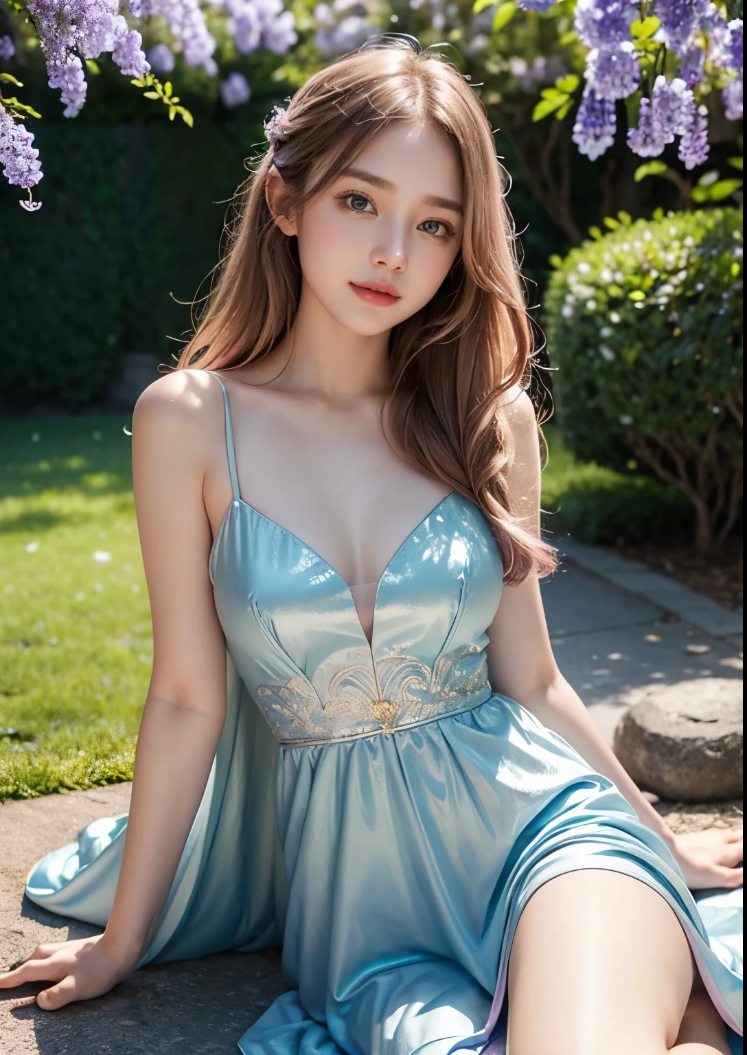 (Best quality, masterpiece: 1.2), portrait, breasts, outdoors, a 25-year-old woman named Yiping in the garden: 2, white thin summer long dress, light blue flowers in the background mess: 1.3) Same character, different costume, different angle, backlight: 1.5, rich skin details: 1.5,
