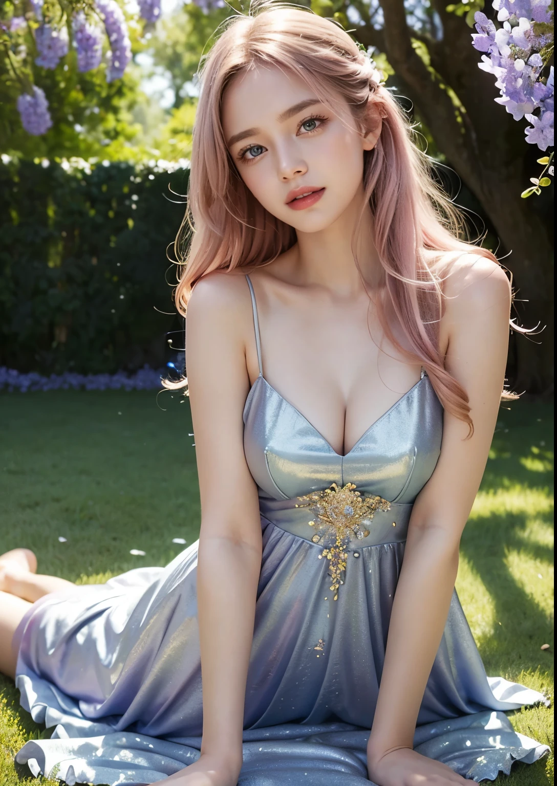 a beautiful young girl laydown in front of a blue jacaranda tree, detailed facial features, striking blue eyes, delicate pink lips, flowing golden hair, ethereal aura, serene expression, dappled sunlight filtering through the blue blossoms, lush green foliage, dreamy, whimsical, fantasy-like, digital art, highly detailed, cinematic lighting, vibrant colors, photorealistic, 8k, above knee length glitter pink dress, laydown, stylish poses, smile, (( "love" on dress))