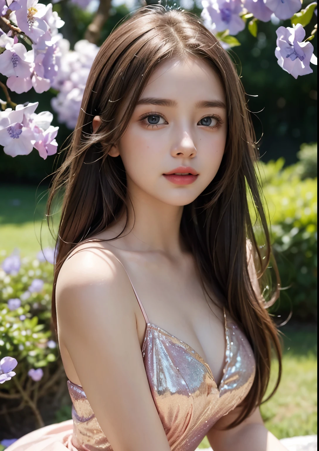 a beautiful young girl laydown in front of a blue jacaranda tree, detailed facial features, striking blue eyes, delicate pink lips, flowing golden hair, ethereal aura, serene expression, dappled sunlight filtering through the blue blossoms, lush green foliage, dreamy, whimsical, fantasy-like, digital art, highly detailed, cinematic lighting, vibrant colors, photorealistic, 8k, above knee length glitter pink dress, laydown, stylish poses, smile, (( "love" on dress))