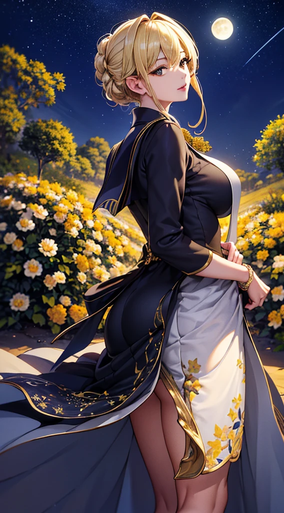 masterpiece, high quality, 4K, Beautiful design, silhouette,blonde, 非常に詳細な夜のStarry Sky,Flower Field, wonderful, Finer details, Very knowledgeable woman, Highly detailed solo, 1 female,Big Breasts, dress,Night view,Starry Sky,full moon,
