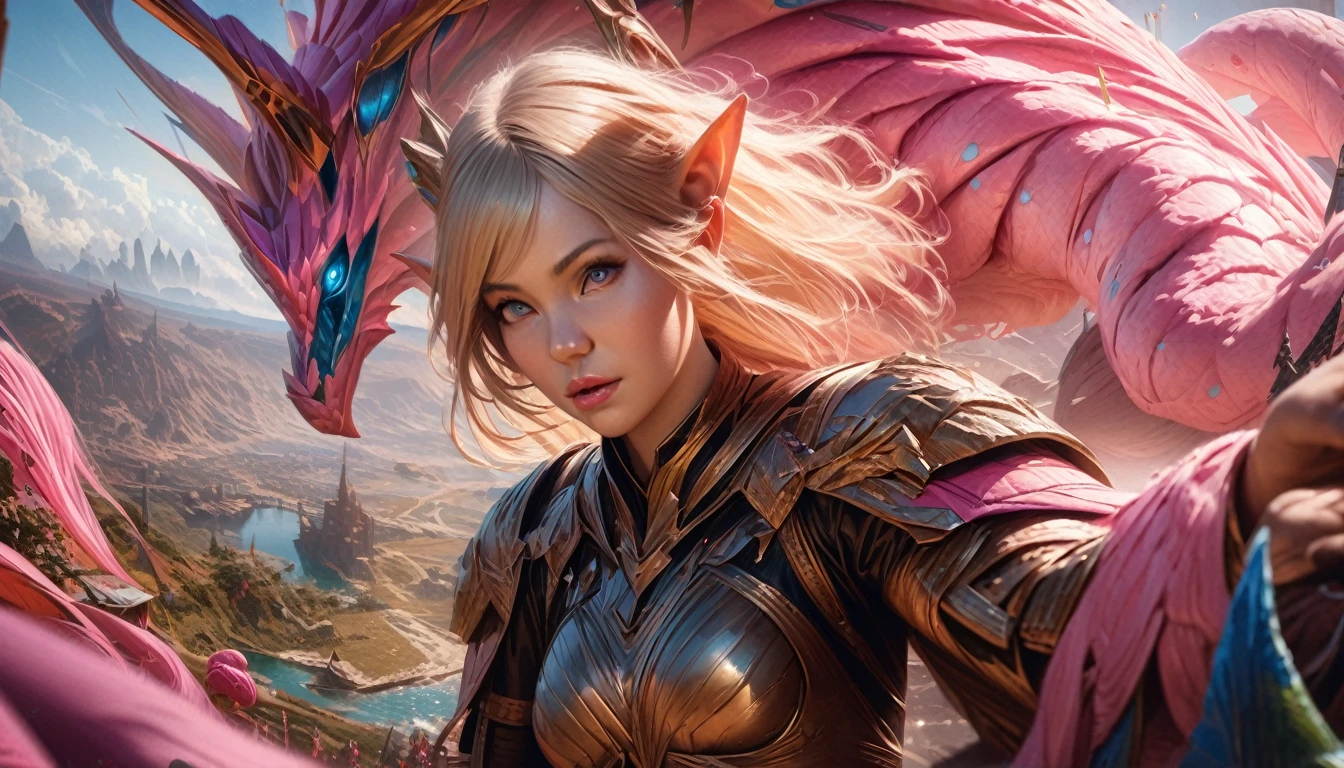 (Cryptic Force)(Extreme complexity, two subjects)(subject 1: cryptic girl, blonde, high tech suit) (subject 2: elf companion, high fantasy regal outfit, very big eyes and ears) battling a (cotton candy pink) dragon, blue prairie, ethereal, fantasy, magical realism, highly detailed, 8k, cinematic lighting, vibrant colors, dramatic composition, intricate details, imaginative, cinematic perspective, surreal, dreamlike, whimsical, beautiful, magical, (best quality,4k,8k,highres,masterpiece:1.2),ultra-detailed,(realistic,photorealistic,photo-realistic:1.37)
