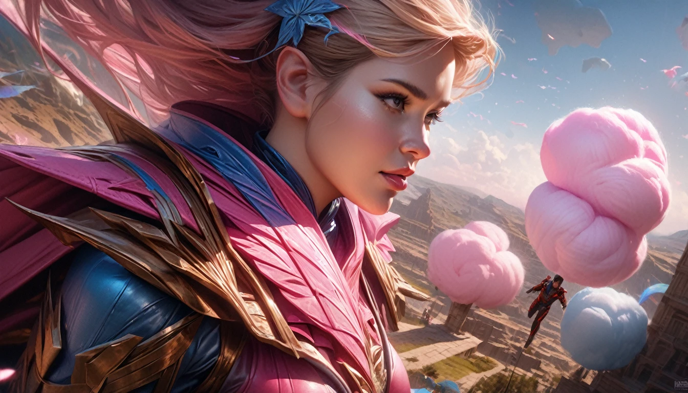 (Cryptic Force)(Extreme complexity, two subjects)(subject 1: cryptic girl, blonde, high tech suit) (subject 2: elf companion, high fantasy regal outfit, very big eyes and ears) battling a (cotton candy pink) dragon, blue prairie, ethereal, fantasy, magical realism, highly detailed, 8k, cinematic lighting, vibrant colors, dramatic composition, intricate details, imaginative, cinematic perspective, surreal, dreamlike, whimsical, beautiful, magical, (best quality,4k,8k,highres,masterpiece:1.2),ultra-detailed,(realistic,photorealistic,photo-realistic:1.37)