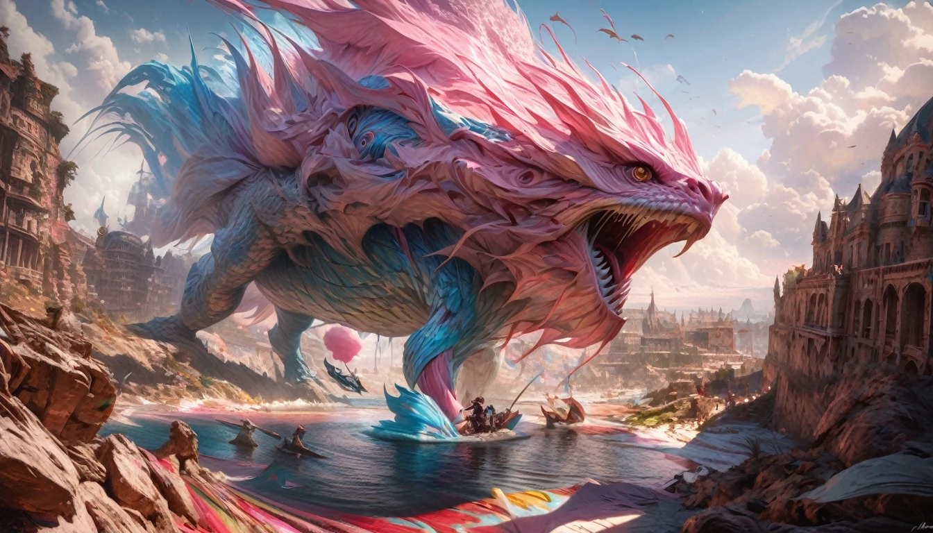(Cryptic Force)(Extreme complexity, two subjects)(subject 1: cryptic girl, blonde, high tech suit) (subject 2: elf companion, high fantasy regal outfit, very big eyes and ears) battling a (cotton candy pink) dragon, blue prairie, ethereal, fantasy, magical realism, highly detailed, 8k, cinematic lighting, vibrant colors, dramatic composition, intricate details, imaginative, cinematic perspective, surreal, dreamlike, whimsical, beautiful, magical, (best quality,4k,8k,highres,masterpiece:1.2),ultra-detailed,(realistic,photorealistic,photo-realistic:1.37)