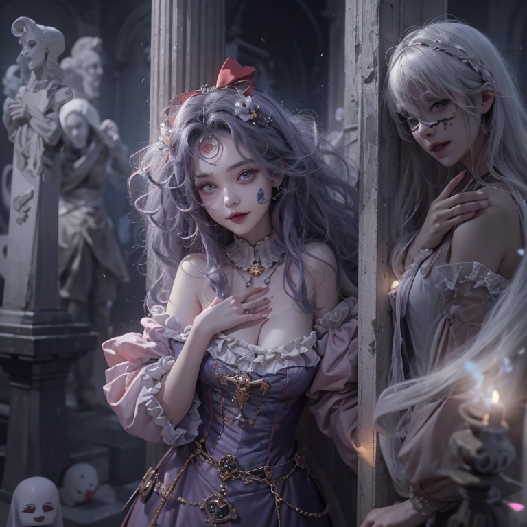 Standing in the grave、Hair flow、 ((highest quality、masterpiece、8k、Best image quality、Ultra-high resolution、Award-winning works)、(Accurate anatomy:1.1)、(Look at me and smile:1.1)、Shining fair skin with Ultra-high resolution、The most detailed face、Ultra-high resolution detailed face、Ultra-high resolutionの髪の毛、(Ultra-high resolution eye:1.1)、Beautiful face drawn in every detail、Cheerful clown costume, Chest to chest, Strange atmosphere, Ghosts flow, Dark Light, At the Cemetery, Heavy makeup