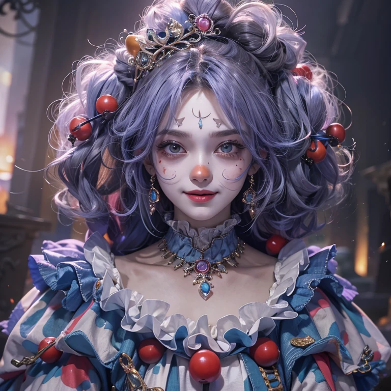 Standing in the grave、Hair flow、 ((highest quality、masterpiece、8k、Best image quality、Ultra-high resolution、Award-winning works)、(Accurate anatomy:1.1)、(Look at me and smile:1.1)、Shining fair skin with Ultra-high resolution、The most detailed face、Ultra-high resolution detailed face、Ultra-high resolutionの髪の毛、(Ultra-high resolution eye:1.1)、Beautiful face drawn in every detail、Cheerful clown costume, Chest to chest, Strange atmosphere, Ghosts flow, Dark Light, At the cemetery