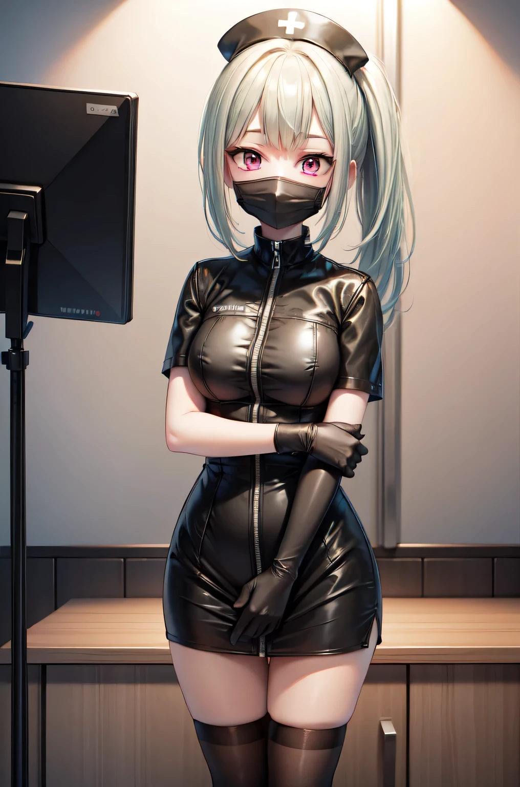 black nurse, 1girl, solo, black nurse cap, black nurse uniform, ((black legwear, zettai ryouiki)), black elbow gloves, ponytail, green hair, pink eyes, ((black surgical mask, covered nose)), standing, ((surgery room)), sharp outline, short sleeves, best quality, masterpiece