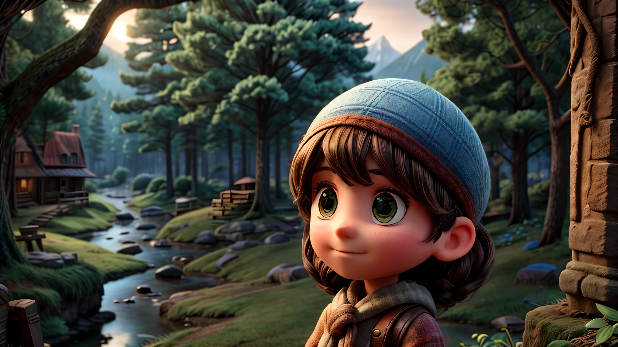 A quaint village named Eldenwood, nestled deep within an ancient, dense forest. A curious and headstrong young woman named Amelia stands at the edge of the village, holding a lantern, looking determined as she prepares to venture into the forest at dusk