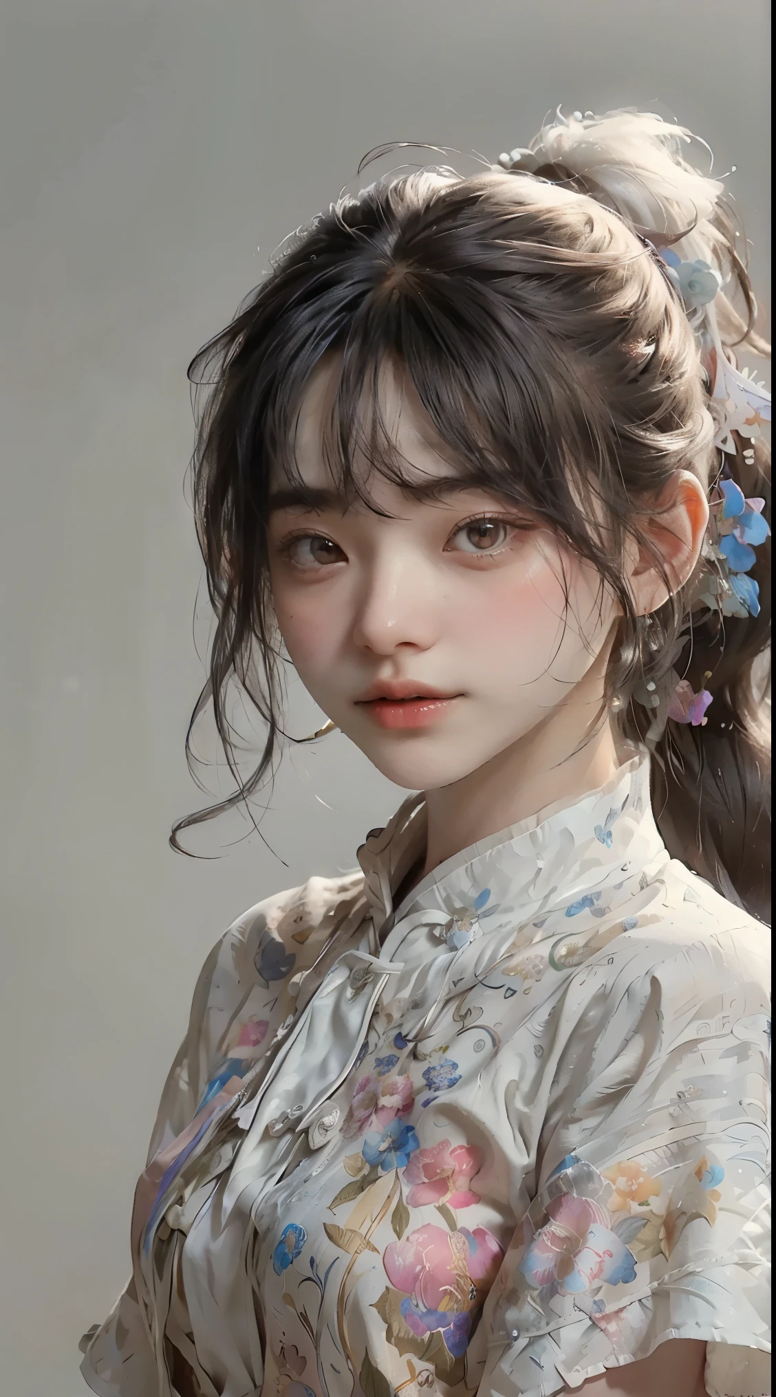 (masterpiece), (best quality), (ultra detailed),(disheveled hair),(illustration), (1girl), (Fashionable clothing), standing, Fashion model, looking at viewer, (interview), (simple background),beautiful detailed eyes, delicate beautiful face, Floating,(high saturation),(colorful splashes),colorful bubble,(shining), focus on face, ponytail, kamisato ayaka, light blue hair, bangs, hair ring, floating flowers, floating hairs, (shining), best lighting, best shadow,