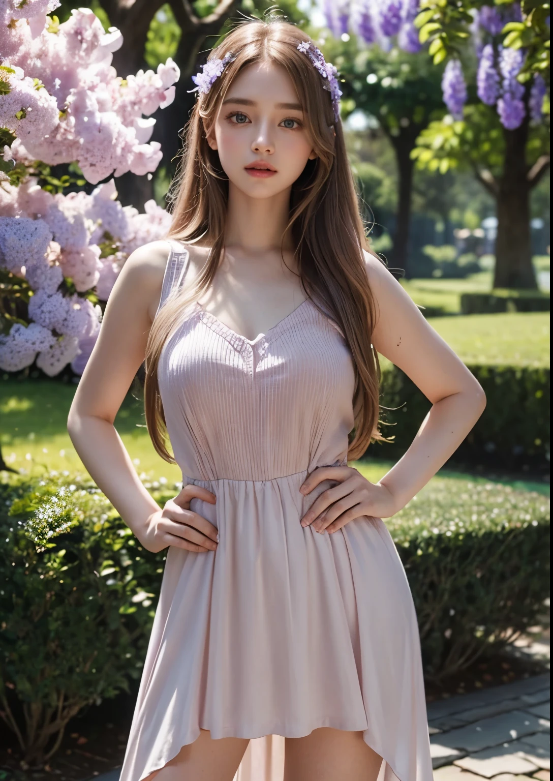 a beautiful young girl standing in front of a blue jacaranda tree, detailed facial features, striking blue eyes, delicate pink lips, flowing golden hair, ethereal aura, serene expression, dappled sunlight filtering through the blue blossoms, lush green foliage, dreamy, whimsical, fantasy-like, digital art, highly detailed, cinematic lighting, vibrant colors, photorealistic, 8k, above knee length pink dress, standing, stylish poses, ((one hand on hip another hand on hair pose))