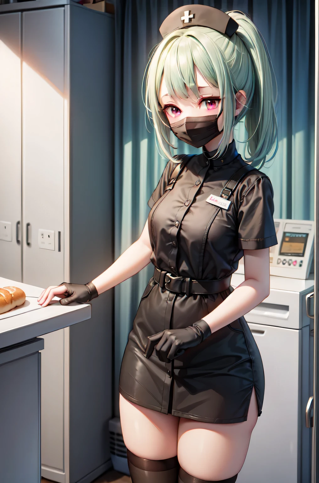 black nurse, 1girl, solo, black nurse cap, black nurse uniform, ((black legwear, zettai ryouiki)), black elbow gloves, ponytail, green hair, pink eyes, ((black surgical mask, covered nose)), standing, ((surgery room)), sharp outline, short sleeves, best quality, masterpiece