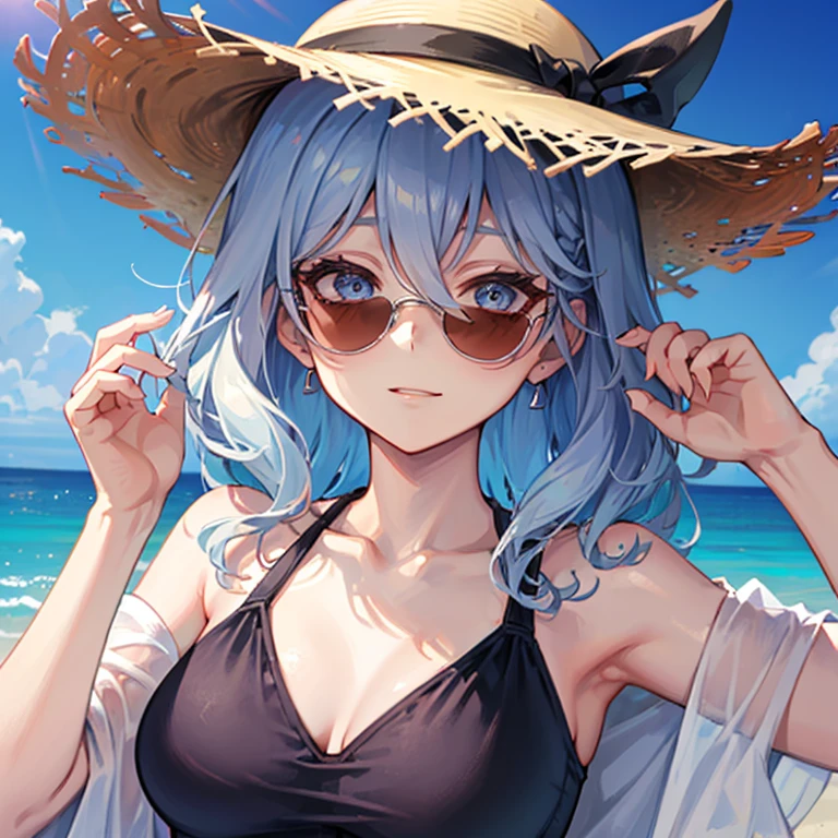 ((((One Woman)))),Woman with sunglasses, [[[[smile wickedly]]]], (high quality), Silver Hair,gapmoe yandere, Silver Hairの女性, Portrait Gap Moe Yandere Grimdark,Scholar in white coat,magician,Half Up,Medium Hair,Hair between the eyes,Wavy Hair,whole body,(((38 years old))),A moving picture,((((((One Woman)))))),((((Wearing a pareo at the beach)))),Wearing a straw hat,summer,Cool off-the-shoulder black swimsuit