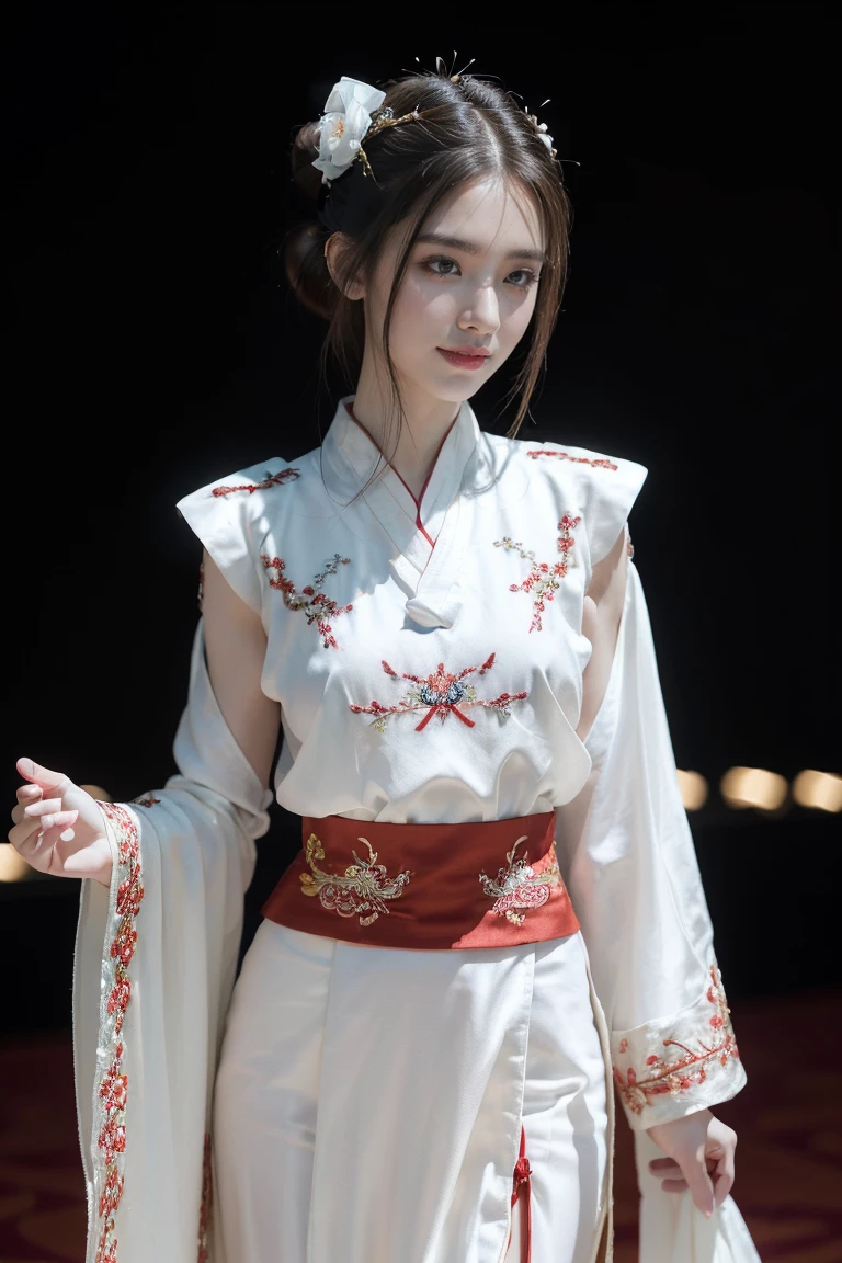 ((((8k))),((Extremely detailed CG)) ,(wallpaper),16k,((Very sophisticated and beautiful))，(((masterpiece))),(((highest quality))),(((超High resolution))),Beautiful lighting,Perfect Lightning,Realistic shadows,[High resolution],(Smooth and perfect white skin:1.5),(Pale skin:1.3),Extremely detailed facial details,(Perfect body:1.1),Super detailed,Beautiful girl,alone,Small Head,(Hair Bun:1.5),(Flower headdress:1.1),Small face,Exquisite makeup,(Small breasts:1.1),Flat Chest,slim,thin,Happy,(smile:1.2),(A gorgeous red Hanfu shirt with exquisite embroidery:1.3),(Maxi Gorgeous White Hanfu Skirt with Exquisite Embroidery:),belly button,(Thin legs:1.2),(Night view:1.5),indoor,(Wide々At the theater),(On Stage:1.3),(Bright light:1.3),(Detailed Background:1.5),(Are standing:1.3),(sing:1.2),(whole body:1.2),(from the front:1.3)