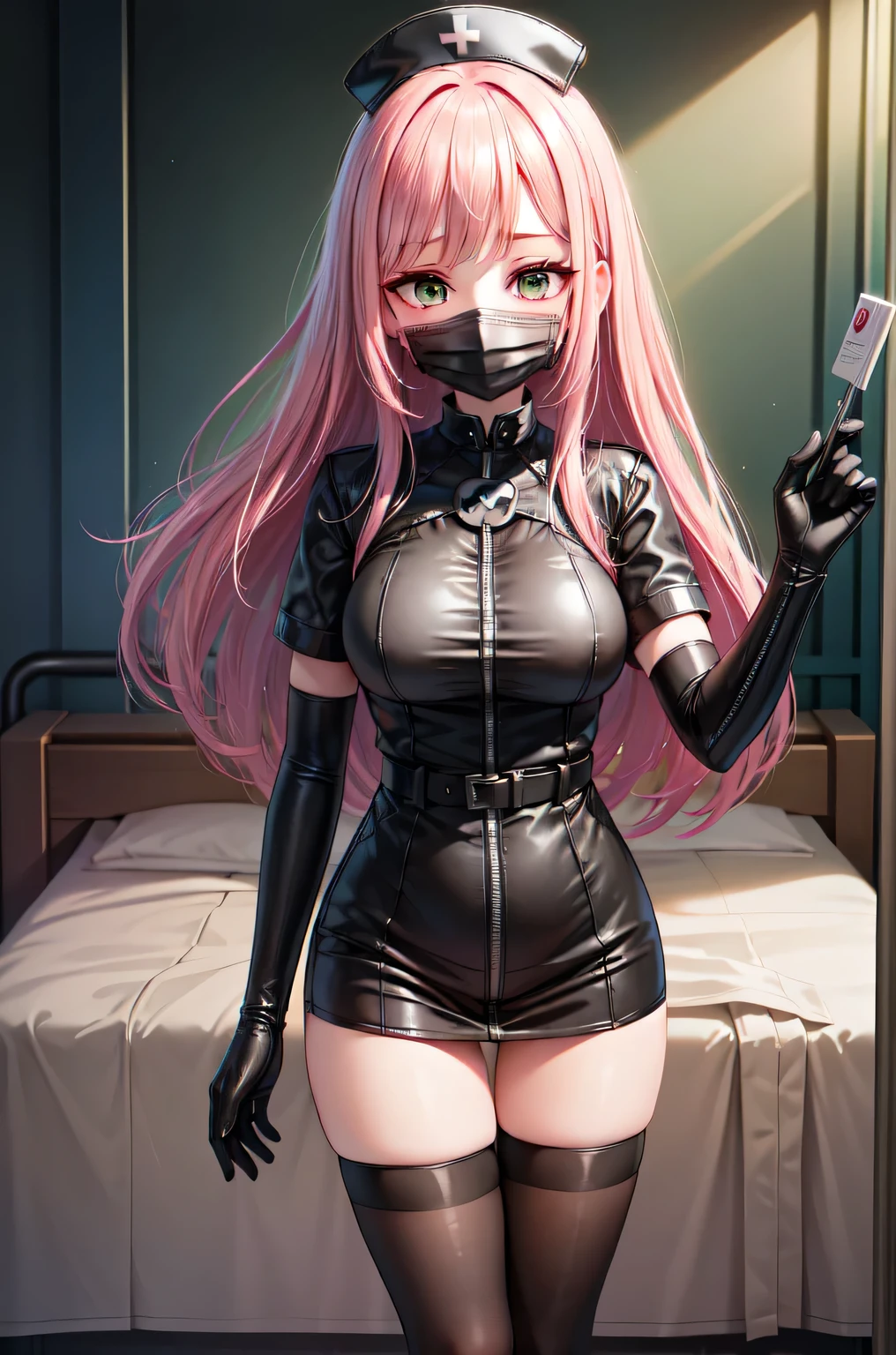 black nurse, 1girl, solo, black nurse cap, black nurse uniform, ((black legwear, zettai ryouiki)), black elbow gloves, pink hair, green eyes, drooping eyes, ((black surgical mask, covered nose)), standing, ((surgery room)), sharp outline, short sleeves, best quality, masterpiece