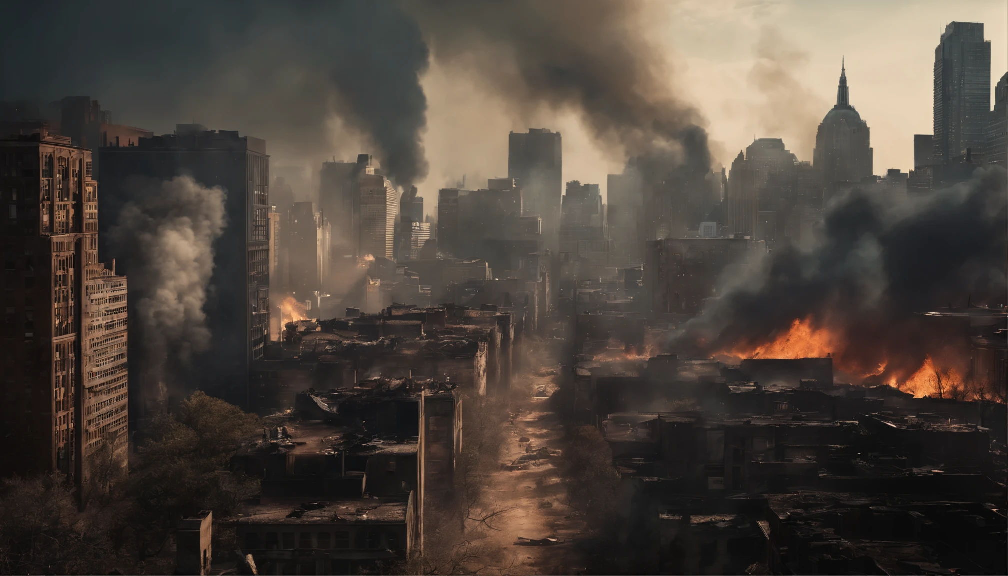 a view of a city with many buildings and a fire, destruindo a cidade de Nova York, destroyed city on fire, destruindo uma cidadescape, city destruction, destroyed city, destruindo uma cidade, destroyed city in the background, cidade em chamas ao fundo, apocalyptic city, Incredible visual effects, destruindo cidade, dystopian science fiction apocalypse, apocalyptic future city, paisagem da cidade do apocalipse