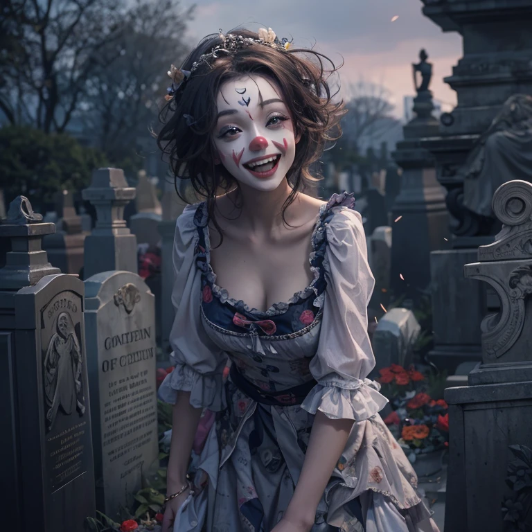 Standing in the grave、Hair flow、 ((highest quality、masterpiece、8k、Best image quality、Ultra-high resolution、Award-winning works)、(Accurate anatomy:1.1)、(Look at me and smile:1.1)、Shining fair skin with Ultra-high resolution、The most detailed face、Ultra-high resolution detailed face、Ultra-high resolutionの髪の毛、(Ultra-high resolution eye:1.1)、Beautiful face drawn in every detail、Cheerful clown costume, Chest to chest, Strange atmosphere, Ghosts flow, Dark Light, At the Cemetery, Heavy makeup