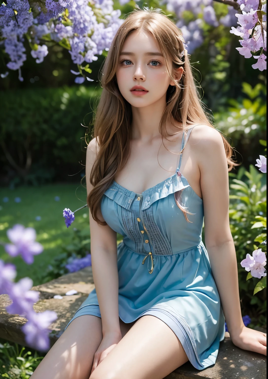 woman, Displaying the viewer, French braided hair , Flower Holter Dress, Cleavage, Garden Landscape Design, (Rim Light)
